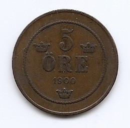 Suedia 5 Ore 1900 - Oscar II (litere mari) Bronz, 27 mm KM-757