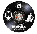 Ceas de perete decorativ realizat din disc de vinil, Model Service Reparatii Telefoane cu Șurubelniță și Stetoscop, Text Mobile Tech Medic, Negru, 30