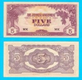 Malaya (p#M6) 5 Dollars 1942 aUNC+ &#039;Banana Money&#039; serie: MK; Ocupaţia Japoneză