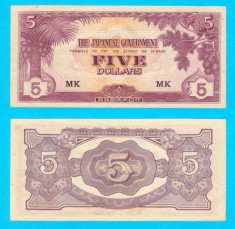 Malaya (p#M6) 5 Dollars 1942 aUNC+ &#039;Banana Money&#039; serie: MK; Ocupaţia Japoneză