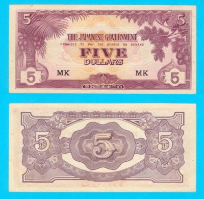 Malaya (p#M6) 5 Dollars 1942 aUNC+ &amp;#039;Banana Money&amp;#039; serie: MK; Ocupaţia Japoneză foto