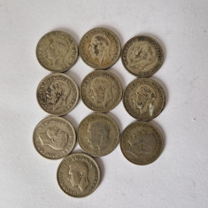 Anglia lot de 10 Monede George V-VI Argint -One Shilling,1921-1943.