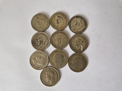 Anglia lot de 10 Monede George V-VI Argint -One Shilling,1921-1943. foto
