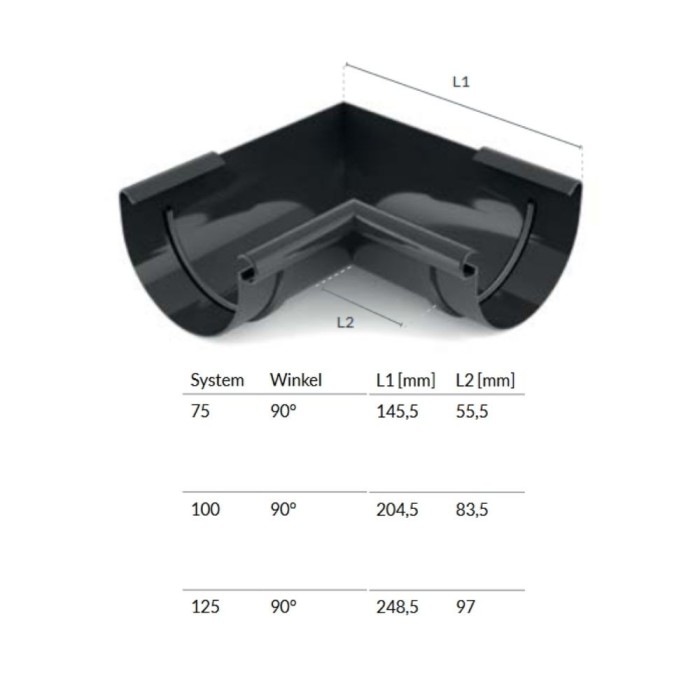 Eckst&uuml;ck Innen 90&deg; graphit System 125