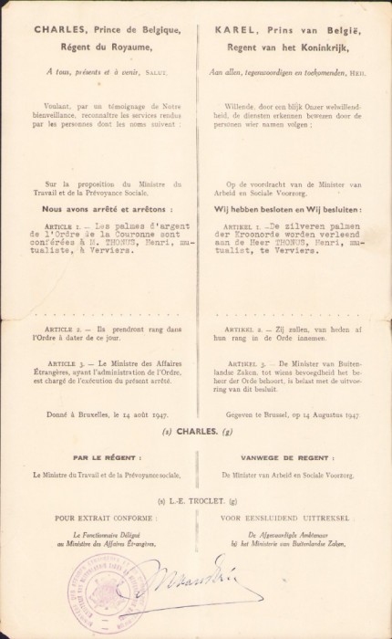HST A2224 Brevet Palmes d&#039;argent de l&#039;Ordre de la Couronne Belgia 1947