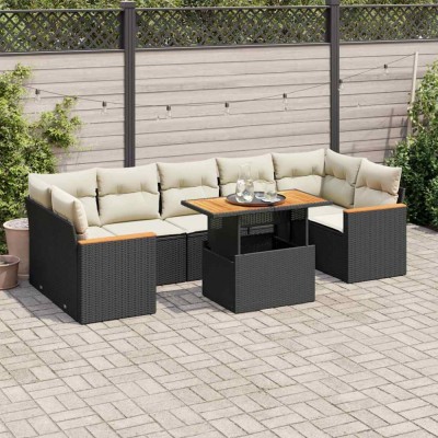 vidaXL Set mobilier grădină perne 8 piese negru, poliratan/lemn acacia 3327458 foto