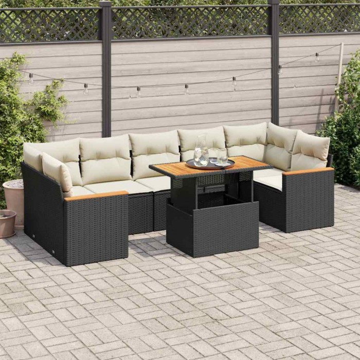 vidaXL Set mobilier grădină perne 8 piese negru, poliratan/lemn acacia 3327458