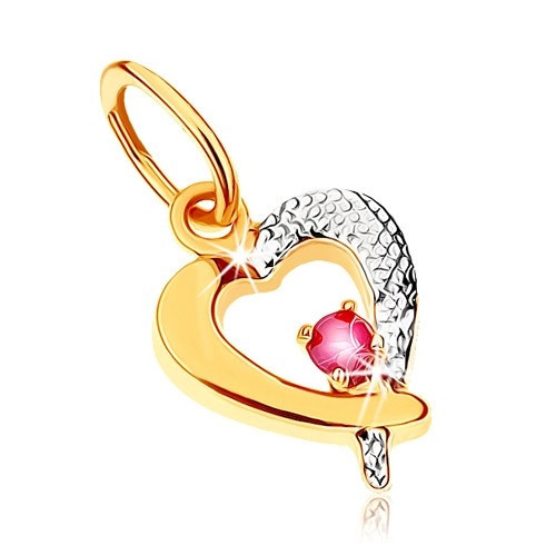 Pandantiv &icirc;n două culori din aur 9K - contur de inimă cu rubin roz &icirc;nchis, placat cu rodiu