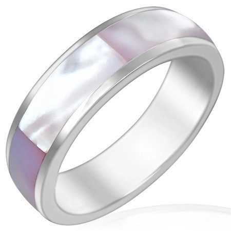 Bandă netedă din oțel cu dungă roz perlă de scoică - Marime inel: 52