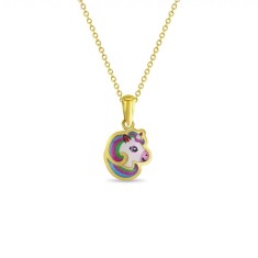 Lant cu Pandantiv din Aur 14K pentru Copii &ndash; Unicorn Curcubeu cu email colorat