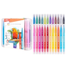 Set de 24 Carioci cu Varf Dublu Fin/Pensula, Deli Color Emotion, Culori Lavabile, Multicolore, Set de Carioci Multicolore Deli, Carioci Deli cu Varf D foto
