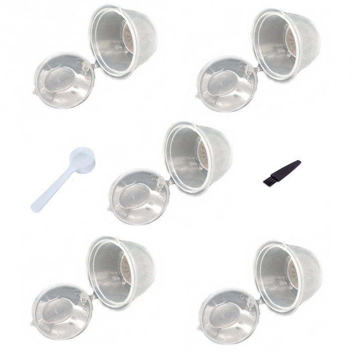 Set 5 Capsule cafea, reutilizabila, reincarcabila, compatibil Dolce Gusto, transparent, cu periuta si lingurita