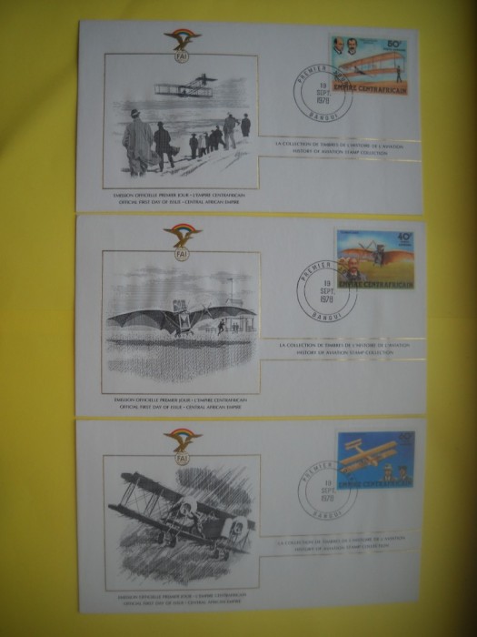 HOPCT PLIC FDC S NR 1005 SET 5 FDC- IMPERIUL CENTRAFICAN -ISTORIA AVIATIEI -FAI -FEDERATIA AERONAUTICA INTERNATIONALA 1978-AVION / AVIATIE