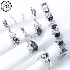 Set bijuterii elegante placate cu argint 925, cu cristale de zirconiu multicolor-curcubeu