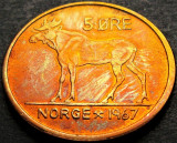 Moneda 5 ORE - NORVEGIA, anul 1967 *cod 540 B = patina curcubeu, Europa