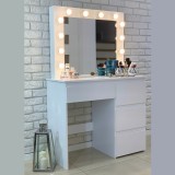 Masa de toaleta si machiaj Hollywood Pro, alba, cu 4 sertare, oglinda si 12 LED-uri, 90x40x140 cm Household NewTrend