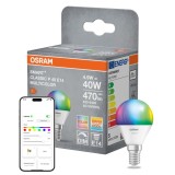 Bec inteligent LED RGB Osram Smart+ P40, Wi-Fi, clasic, E14, 4.9 W, 470 lm, lumina calda / rece / multicolora, dimabil
