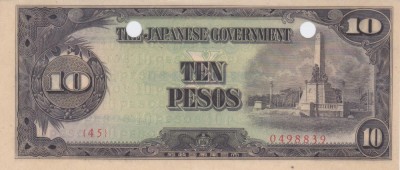 Bancnota Filipine 10 Pesos (1943) - P111 UNC ( ocupatia japoneza; anulata - vezi descriere ) foto