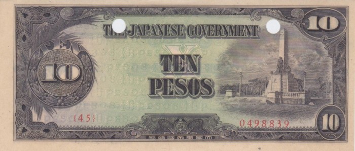 Bancnota Filipine 10 Pesos (1943) - P111 UNC ( ocupatia japoneza; anulata - vezi descriere )