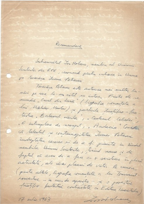 A3596N Ion Hobana, act scris și semnat olograf, 1963