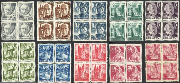 GERMANIA ZONA FRANCEZA Rheinland-Pfalz 1947 / 1948 SERIE 15 BLOCURI DE 4 -- MNH