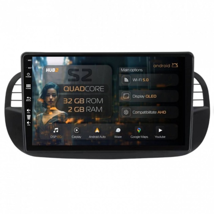 Navigatie Fiat 500 (2007-2014) 2GB RAM Android 13 GPS Wi-FI Carplay Android Auto USB Bluetooth Radio Waze Touchscreen 9 inch