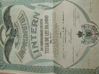 titlu actiune Imprumutul intern de consolidare pentru Datoria Romaniei, valoare 10 000 lei foto
