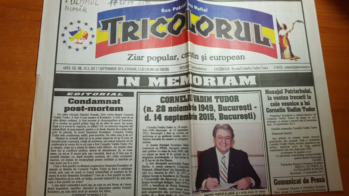 ziarul tricolorul 17 septembrie 2015- moartea lui corneliu vadim tudor