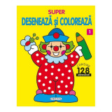 Carte de colorat Super deseneaza si coloreaza 1 Girasol, 64 pagini, 128 abtibilduri, 3 ani+, 2020