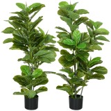 HOMCOM, Set de 2 plante artificiale Ficus Lyrata, arbori artificiali cu ghiveci inclus, &icirc;nălțime 110 cm, verde | Aosom Romania