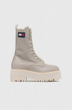 Tommy Jeans bocanci de piele Tommy Jeans Flatform Padded Boot femei, culoarea bej, cu toc plat