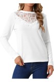 Seta T Bluză pentru femei cu m&acirc;neci lungi, guler rotund, dantelă, casual, culoare solidă, haine de primăvară
