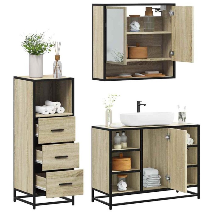 vidaXL Set mobilier de baie, 3 piese, stejar sonoma, lemn prelucrat 3301061