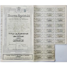BANCA AGRICOLA , SOCIETATE ANONIMA PE ACTIUNI , TITLUL LA PURTATOR PENTRU UNA ACTIUNE IN VALOARE NOMINALA DE 500 LEI , EMISA IANUARIE 1940