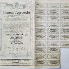 BANCA AGRICOLA , SOCIETATE ANONIMA PE ACTIUNI , TITLUL LA PURTATOR PENTRU UNA ACTIUNE IN VALOARE NOMINALA DE 500 LEI , EMISA IANUARIE 1940