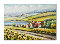 Tablou 3D peisaj cu floarea soarelui pictat manual, Colt de rai, 100x70cm ulei pe panza in cutit, Spectaculos
