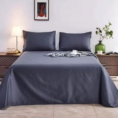 Lenjerie de pat pentru o persoana cu husa elastic pat si 2 fete perna patrata, Silk, bumbac ranforce, gramaj tesatura 120 g/mp, Gri Inchis, 4 piese