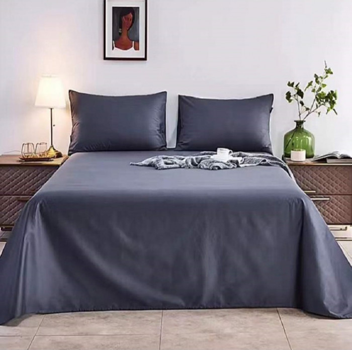Lenjerie de pat pentru o persoana cu husa elastic pat si 2 fete perna patrata, Silk, bumbac ranforce, gramaj tesatura 120 g/mp, Gri Inchis, 4 piese
