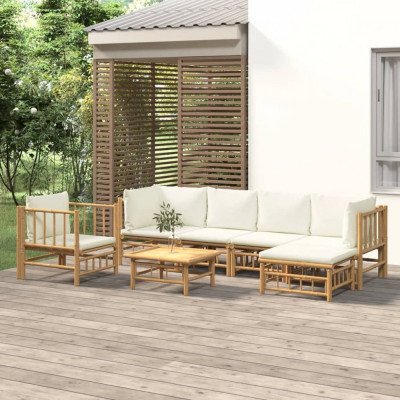 vidaXL Set mobilier de grădină cu perne alb crem, 7 piese, bambus foto
