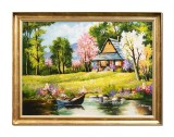 Cumpara ieftin Tablou inramat peisaj cu casuta de poveste, barca la mal si copaci infloriti pictat manual, Colt de rai, 80x60cm ulei pe panza, Constantin Feraru
