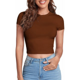 dusa Tricou crop de damă ocazional de bază cu m&acirc;neci tip șapcă subțire, cu g&acirc;t rotund, cafea, maro, mediu