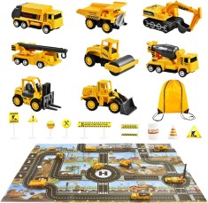 WR Boys Vehicule de construc?ii Camioane Set de jucarii cu saltea de joaca - 8 mini ma?ini de tragere pentru ingineri, saltea de joaca ?i 12 semne rut foto