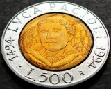 Cumpara ieftin Moneda COMEMORATIVA 500 LIRE - ITALIA, anul 1994 *cod 5364 = LVCA PACIOLI - UNC, Europa