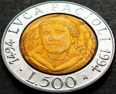 Moneda COMEMORATIVA 500 LIRE - ITALIA, anul 1994 *cod 5364 = LVCA PACIOLI - UNC foto