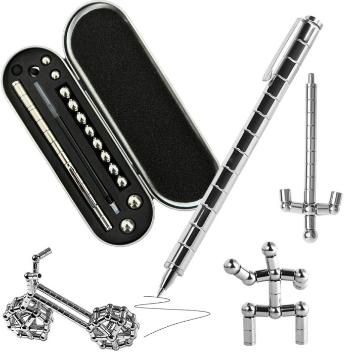 Set Pix Modular Magnetic Premium, Cutie Metalica, cu 13 Inele Magnetice, 12 Bile Otel, 3 Rezerve de Stilou, 2 Capete Capacitive, Argintiu