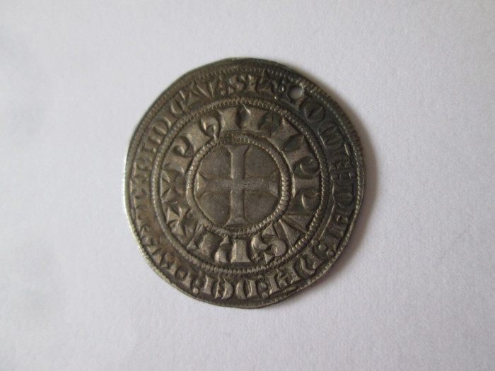 Rară! Franța 12 Deniers=1 Gros tournois 1290-1295 argint Filip IV,monedă găurită
