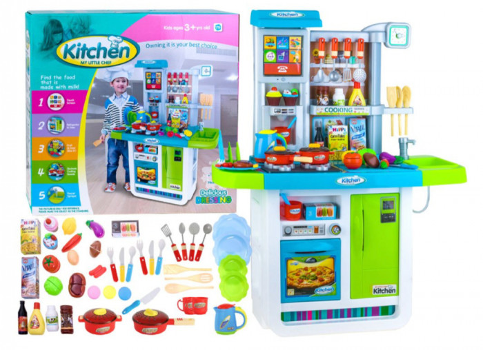 Bucătărie interactivă pentru copii cu frigider, albastru și verde