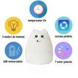 Lampa de veghe LED pisicuta multicolora din silicon moale, cu telecomanda