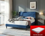 Cumpara ieftin Set pat tapitat Maya 3 cu saltea ortopedica 140x200, cu port de incarcare USB+type C, 2 prize, cu somiera fixa, culoare Albastru