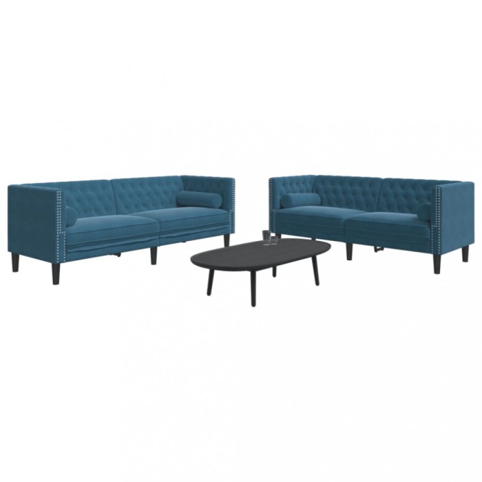 vidaXL Set canapele Chesterfield perne rulou 2 piese albastru catifea
